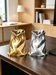 Money Symbol Money Bag Pen Holder, Suitable For Office Desk, Study Desk, Luxury Home Decor, Wealth-Attracting Lucky Bag Storage Tube, Student Stationery Organizer, Gift Idea, Luxury Gold And Silver Treasure Bag Pen Holder - Money Bag Pen Holder - View 1