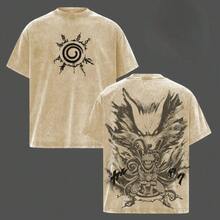 Camiseta Lavada Vintage Algodón Grueso con Doble Estampado Ilustrativo Gráfico, Corte Unisex Variedad de Tallas, Prenda Casual Moda Urbana Estilo Dibujo Manga - Albaricoque - Ver 1