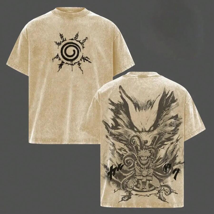 Camiseta Lavada Vintage Algodón Grueso con Doble Estampado Ilustrativo Gráfico, Corte Unisex Variedad de Tallas, Prenda Casual Moda Urbana Estilo Dibujo Manga - Albaricoque - Ver 1