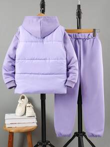 Tween Girl Autumn/Winter Casual Fashion Preppy Commuter Thick Quilted Vest, Printed Hoodie, And Printed Long Pants 3 Pieces Set - Mauve Purple - View 2