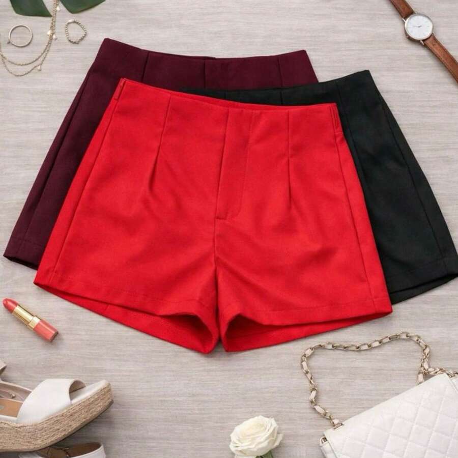 Set Of 3 Women's Tailored High-Waisted Dress Shorts, Elegant, Casual, Summer Fashion, Work, Office - 紅/黑/酒紅 - 查看 1