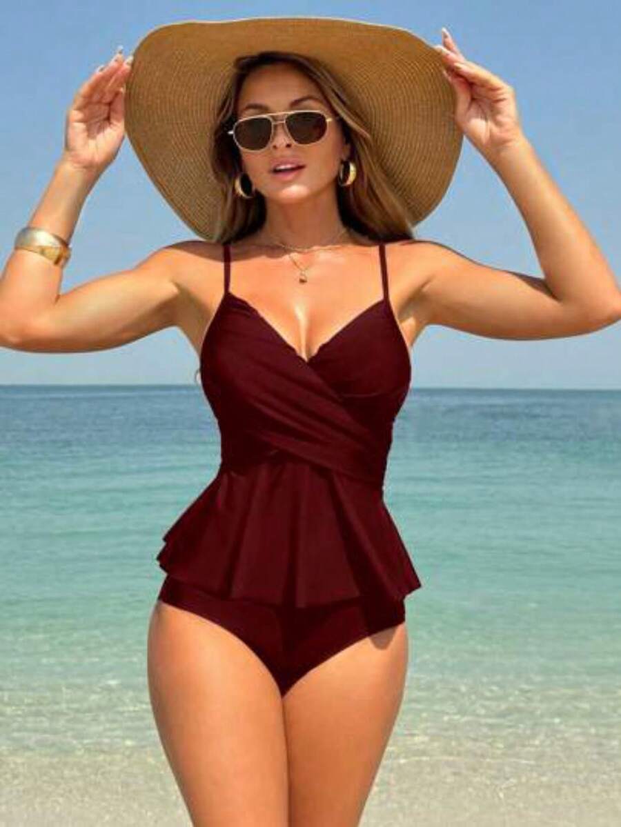 SYCAMORETREETECHNOLOGYMX Swim Luxury 2-Piece Tankini Swimsuit Set With Crossover T-Shirt Top And Ruffled Hem, And Bottom - Bordeaux - View 1