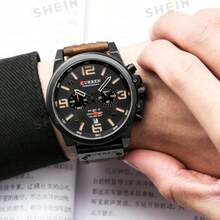 1pc Leather Strap Chronograph Quartz Sports Watch - Yellow - View 10