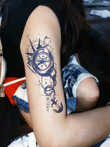 1pc Blue-Toned Hand-Drawn Nautical Style Compass Anchor Map Combination Pattern Tattoo Sticker, Temporary Tattoo Sticker, Realistic Tattoo Design, Suitable For Travel, Music Festivals, Games, Graduation Gifts, For 3-5 Days - Multicolor - View 5