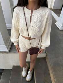 Women's 2 Pieces Knit Set, Round Neck Cropped Long Sleeve Front Button Cardigan + Low Waist Shorts, Solid Color Cable Knit, Soft Knit Autumn Daily Casual Outfit - Off White - View 2