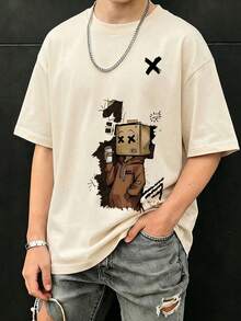 1件男童休闲印花圆领短袖T恤，夏季学生青少年服装 - 彩色方块图案印花T恤为每个孩子带来欢乐和幸福！ - 杏色 - 查看 2