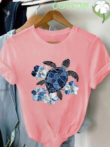 [Pantalones Estampados - No Tela de Imitación de Denim] Cómodos, Transpirables, Frescos, Camiseta con Estampado de Imitación de Denim, Mangas Cortas - Rosa - Ver 1