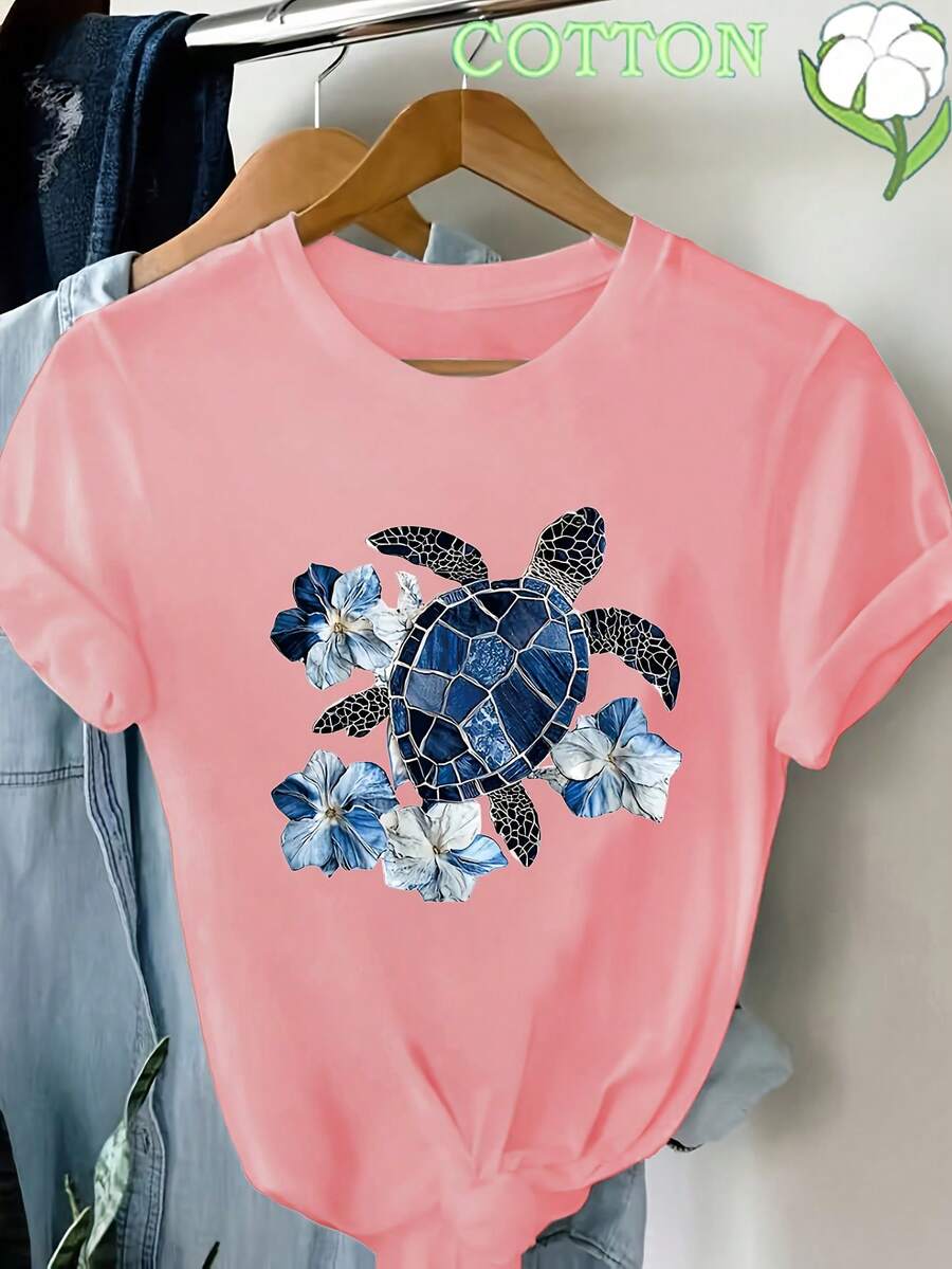 [Pantalones Estampados - No Tela de Imitación de Denim] Cómodos, Transpirables, Frescos, Camiseta con Estampado de Imitación de Denim, Mangas Cortas - Rosa - Ver 1