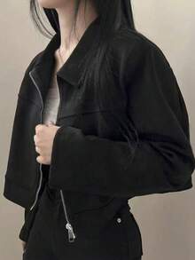 女士纯色翻领拉链长袖外套，适合日常、上学、机场等场合，春秋季黑色 - 黑色 - 查看 5