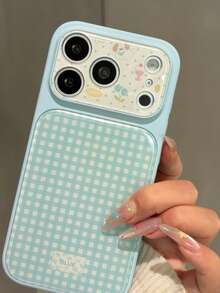 Minimalist Cartoon Cute Blue Plaid Flower Puppy Phone Case Compatible With Apple 17 Pro Max 17 Pro 16 Pro 15 14 Full Coverage Shockproof Protective Cover For Women - Blue - View 4