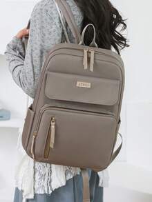Women's Nylon Solid Color Quilted Large Capacity Versatile Backpack, Simple Casual Student Backpack, Storage Travel Bag, Commuter Bag - Khaki - View 4
