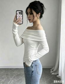 Women's Elegant Off Shoulder Ruffle Long Sleeve Solid Color Blouse - Blanco - Ver 3