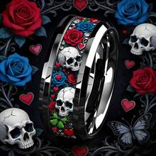 8mm Polished Black Tungsten Carbide Ring With Gothic Skull, Red & Blue Rose, Heart And Butterfly Pattern, Day Of The Dead Motorcycle Style Personalized Ring, Ergonomic Fit Unisex Jewelry, Gift For Gothic And Rock Enthusiasts - Multicolor - View 9