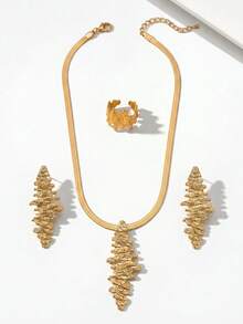 3pcs Women's Jewelry Set, Vintage Style Snake Chain Necklace, Long Textured Earrings, Open Asymmetrical Ring, Hammered Texture Design, Daily, Party, Middle Eastern Style, Wedding Season, Niche Artistic Texture, Light Luxury Elegant Accessories - Golden - View 4