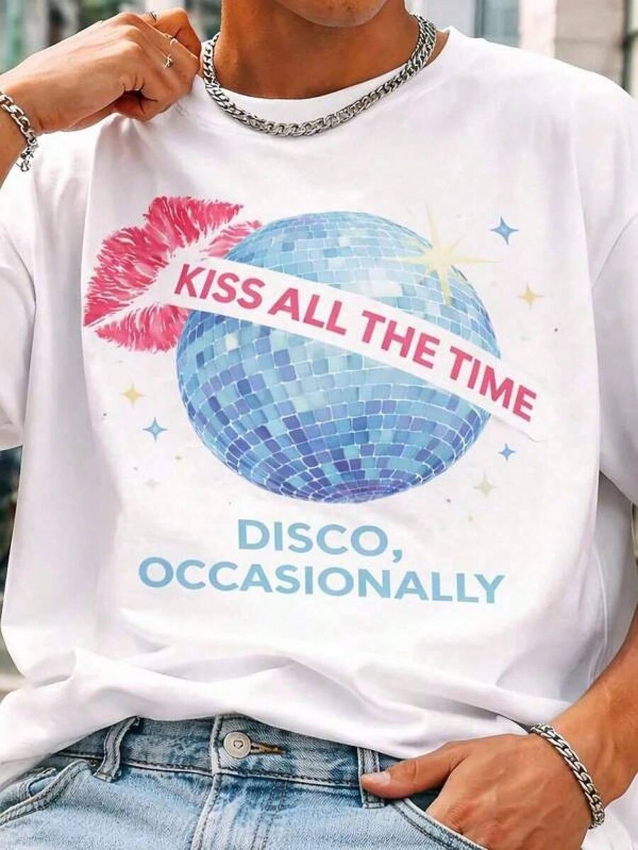 Camiseta 'Kiss All The Time Disco Occasionally' Retro Estética de los 70, Top Corto con Gráfico de Estrella de Pop Vintage... Conjuntos Para Niña - Blanco - Ver 1