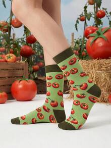 1 Pair Novelty Tomato Pattern Ankle Socks, Funny Food Print Unisex Casual & Formal Socks, Unique Gift - Multicolor - View 2