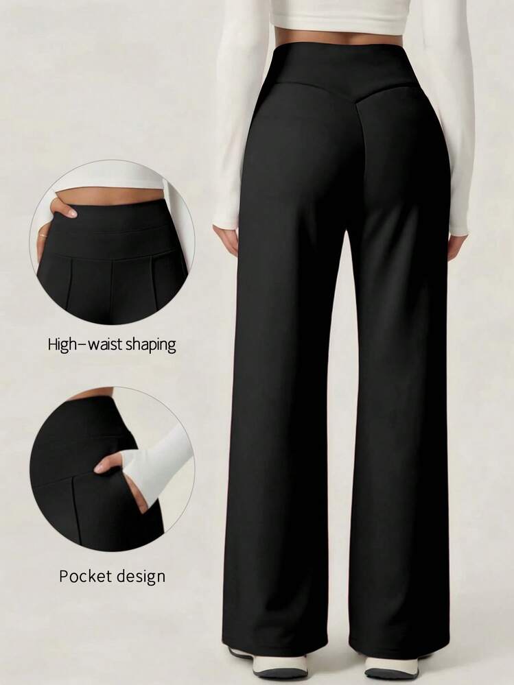 TimeOff Pantalones deportivos de pierna recta con bolsillos laterales y drapeado de unicolor para mujer, 1 pieza - Negro - Añade 11