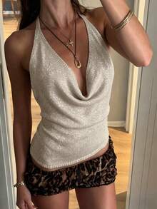 GLAMMY 夏季海灘度假罩衫上衣，垂領抓皺鏤空繫帶露背露腰性感垂領繫帶不對稱下擺金色亮片針織上衣，適合女性，鄉村音樂會、晚間約會、單身派對、旅行、節慶風格 - 香檳色 - 查看 3