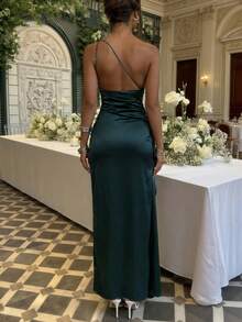 Women's Pleated Sexy One Shoulder Maxi Dress High Split Slim-Fit Cocktail Party Evening Gown,Easter Women Dress - 墨綠色 - 查看 2