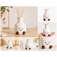 Ins Cute Cream Style 2 Sizes, Hand-Painted Wavy White Resin Vase With Smiling Face & Brown Feet, Dual-Use Reed Diffuser Container & Dried Flower Pot, Bedroom Desk Decor & Cute Birthday Gift - Face Aromatherapy Bottle - View 7