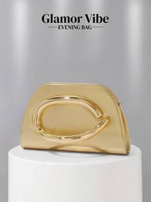 Glamor Vibe Gold Women's Evening Bag, Metal C-Shaped Handle Fashion Evening Bag, Luxury Glossy Clutch, Detachable Chain Crossbody Shoulder Bag, Suitable For Wedding, Party, Ball, Banquet, Beach Vacation - Gold - View 5