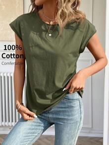 Lucid Casual T-Shirt With Round Neck And Batwing Sleeves - Army Green - View 1