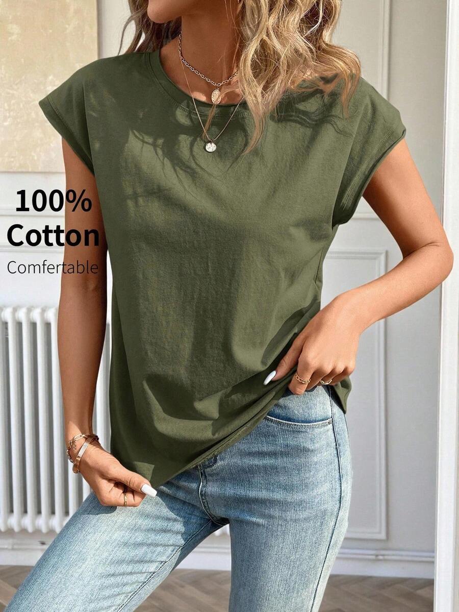 Lucid Casual T-Shirt With Round Neck And Batwing Sleeves - Army Green - View 1