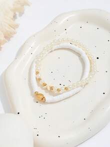 Set Gelang Kaki Lembut Berlapis Mutiara Imitasi Bentuk Bintang Laut Gaya Liburan Pantai (2 Buah), Gelang Kaki Elastis Serbaguna dengan Mutiara Imitasi untuk Wanita - Emas - View 5