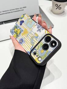 1pc New Ins Style Striped Wine Glass Flower Lemon Pattern Phone Case Faux Leather Texture Shockproof Protective Cover Compatible With IPhone 17/17Pro/17ProMax/16/16Pro/16ProMax/16Plus/15/15Plus/15Pro/15ProMax/14/14Plus/14Pro/14ProMax/13/13Pro/13ProMax/12/12Pro/12ProMax/11/11ProMax, Anti-Shock Anti-Collision Protective Soft Shell - Multicolor - View 4