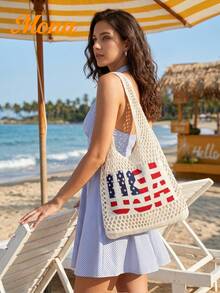 Women USA Flag Knit Mesh Tote Bag, Hollow Out Crochet Beach Bag Large Capacity Shoulder Handbag For Summer Vacation Travel Grocery Shopping - Beige - View 2