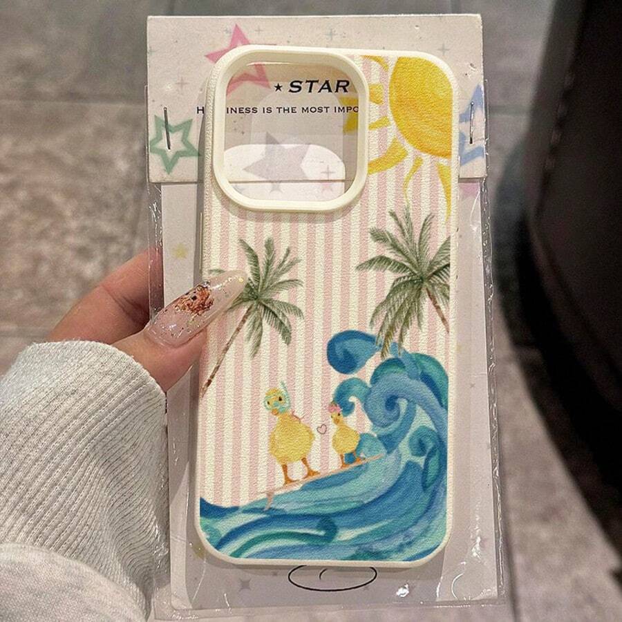 1個 TPU材質夏季粉色條紋衝浪橡皮鴨椰子樹圖案手機殼 適用於 iPhone 17 Pro Max/17/16 Pro Max/15/13/12/11/S20 FE/A15/S24/A55/Note 11/Note 12/Note 13 Pro 全包覆防震軟保護套 - 白色 - 查看 1