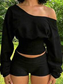 SYCAMORETREETECHNOLOGYMX 2 Piece Women's Shorts And Long Sleeve Top Set, Casual Streetwear - Negro01 - 查看 1