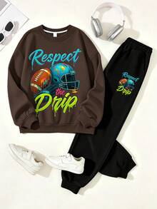 2pcs/Set Crew Neck Hoodless Sweatshirt With Printed Football, Helmet And Letter Patterns, Paired With Simple Sports Pants, New Autumn/Winter Outfit - Brown - View 4