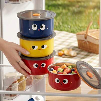 3pcs/Set Home Use Round Cute 304 Stainless Steel Storage Containers, Sealable Bowls, Lunch Boxes, Large Capacity 430ml, With Lid Small Food Boxes, Suitable For Office Workers, Applicable For Office, Kitchen, Refrigerator, Outdoor Picnic, Camping, BBQ, Valentine's Day, Halloween, Christmas Gifts.