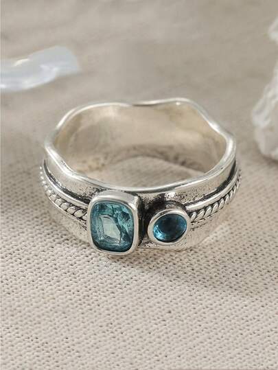Anillo de cara ancha con doble zafiro azul y plata desgastada retro, adecuado para uso diario y vacaciones, un regalo único para hombres en cumpleaños o ocasiones especiales