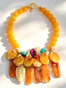 Chunky Amber Statement Bib Necklace, Multicolor Oversized Choker, Summer Tropical Beach Resort Bold Collar Jewelry - Multicolor - View 8