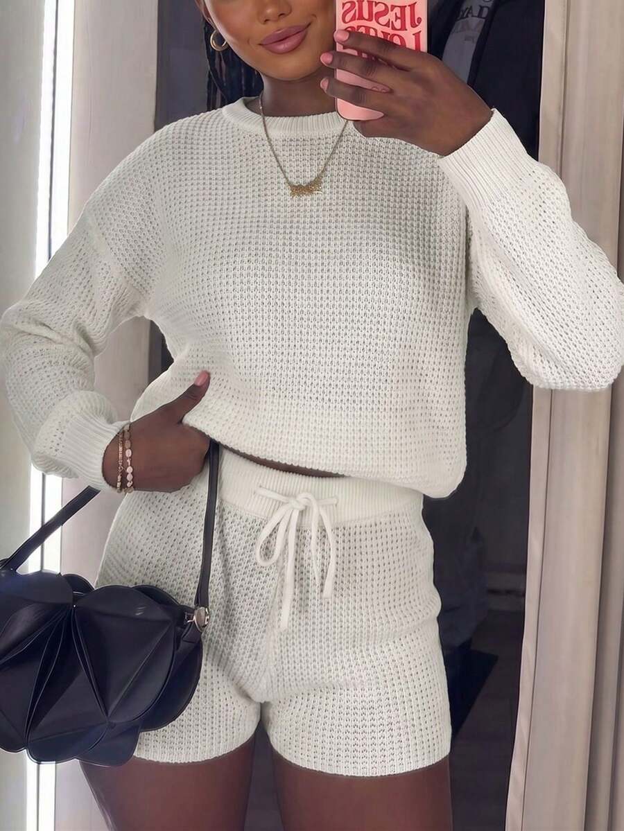 Women's Vacation Style Waffle Knit Set, Round Neck Long Sleeve Knit Top + Drawstring Shorts, Relaxed Home Wear Outfit - White - View 1