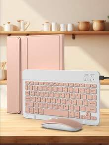 Solid Pink Flip Pad Case With Keyboard & Mouse Set Compatible With Ipad 5/6/7/8/9/10, Pro 11, Air 1/2/3/4/5/6, Detachable Wireless Keyboard (150mAh Battery) And Protective Case With Pen Slot Pastel Spring Birthday Gift - Pink Keyboard+Case+Mouse Set - View 3