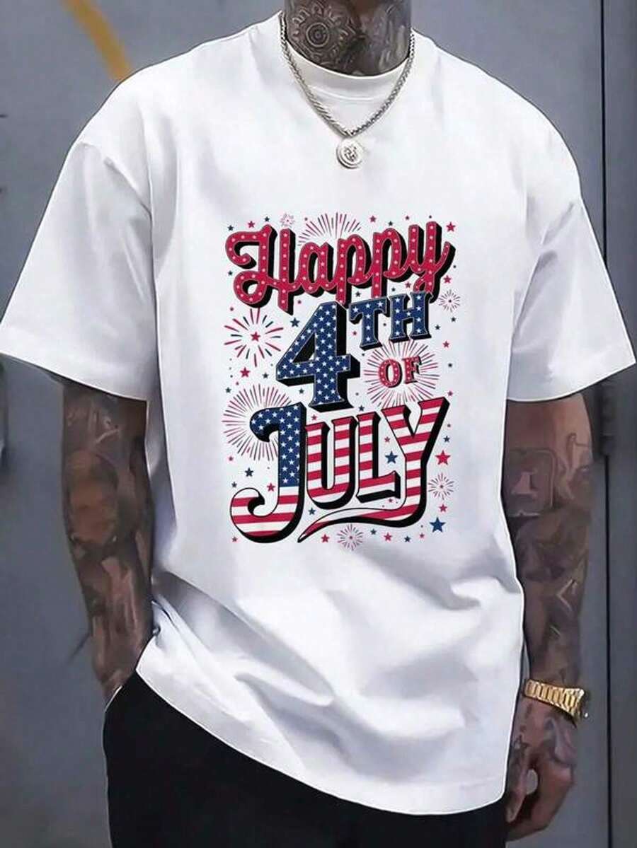 Camiseta 100% Algodón para el 4 de Julio, Estilo Hip-Hop Urbano, para Hombre - Blanco - Ver 1