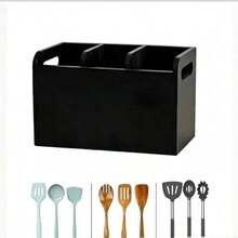 1pc Rustic Wooden Kitchen Utensil Storage Rack | 3-Compartment Countertop/Wall-Mounted Organizer | Cooking, Dining, Baking Tools Accessories - Multicolor - View 8
