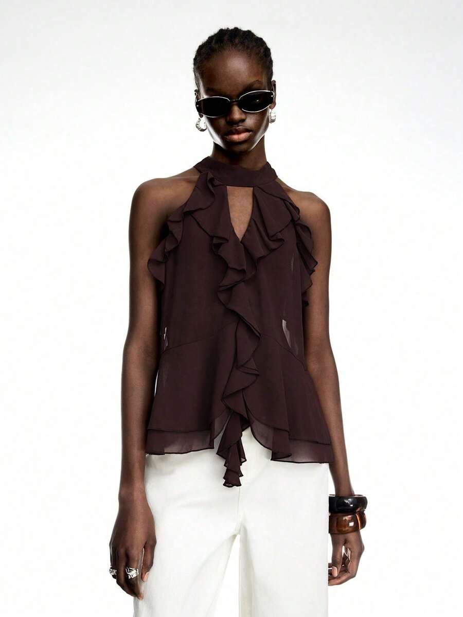 New Chiffon Blouse With Ruffles And A Bow At The Back In Olive Green - Bohemian Style Design For Summer - Whole Grain Coffee - View 1