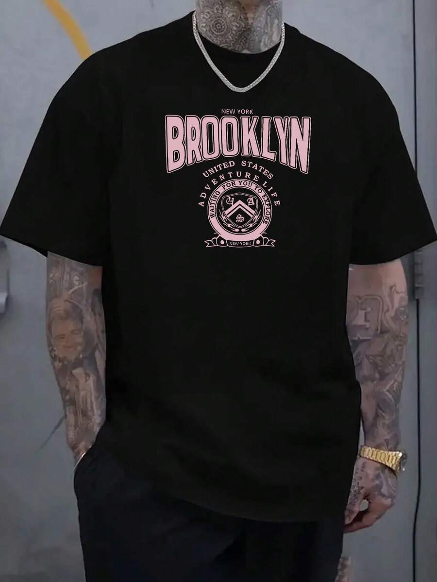 Playera Hombre Manga Corta Estampado Brooklyn, Camiseta Cuello Redondo Ropa Casual Verano - Negro - Ver 1
