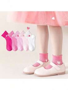 5/1 Pair Girls Mid-Calf Socks, Cute Pink Heart Design, Suitable For All Seasons Daily Wear, Back To School Socks, Gift, New Year - Multicolor - View 5