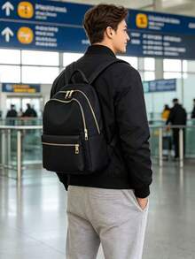 Mochila de moda para hombre de tela de nailon de unicolor, versátil, de gran capacidad, casual, para ir al trabajo y para estudiantes - Negro - Ver 2
