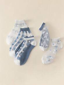 1/5 Pairs Random Transparent Blue & White Floral Low-Cut Socks, Breathable Invisible Socks, Suitable For Spring & Summer - Multicolor - View 5