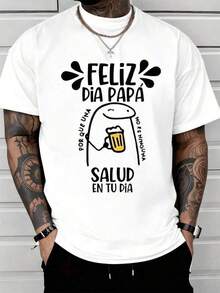 Camiseta de manga corta para hombre con estampado unilateral de dibujos animados de cerveza y el mensaje "Feliz Día del Padre en Español" que celebra al papá con un estampado divertido y lla - Negro - Ver 1
