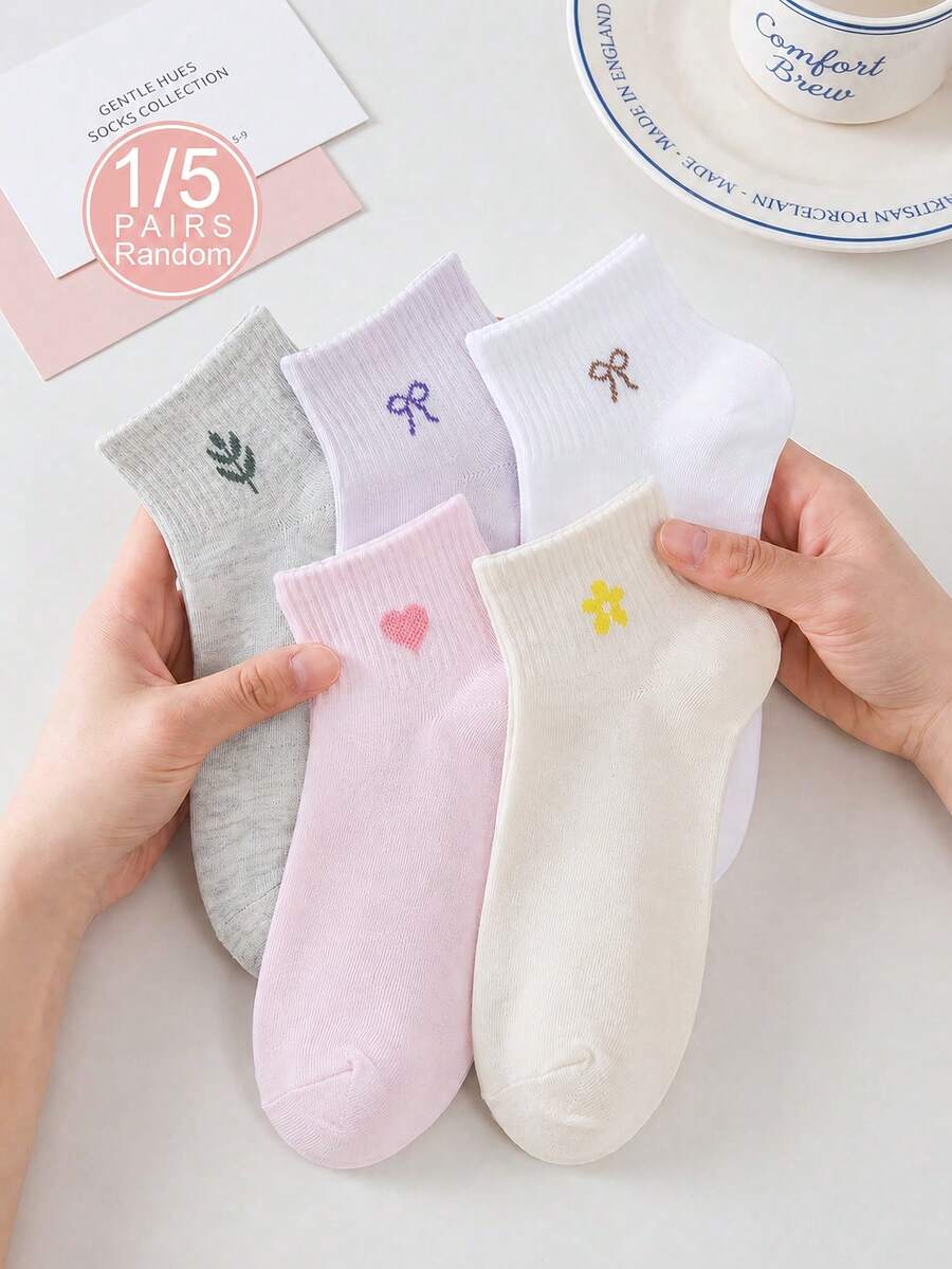 1/5 Paia Di Calzini Alla Caviglia Da Donna Con Motivi Casuali A Fiocco, Cuore, Fiore, Morbidi, Confortevoli, Traspiranti, Per Uso Quotidiano - Multicolore - Visualizzare 1
