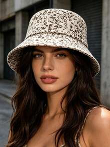 New Women's Japanese Style Leopard Print Rhinestone Bucket Hat, Large Brim Sun Hat, Face-Slimming Sun Protection Hat - A - View 8