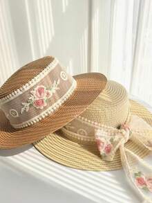New Flat Top Straw Hat For Women, Embroidered Woven Hat, Summer Sun Protection Hat, UV Protection Sun Hat, Beach Hat - A - View 2