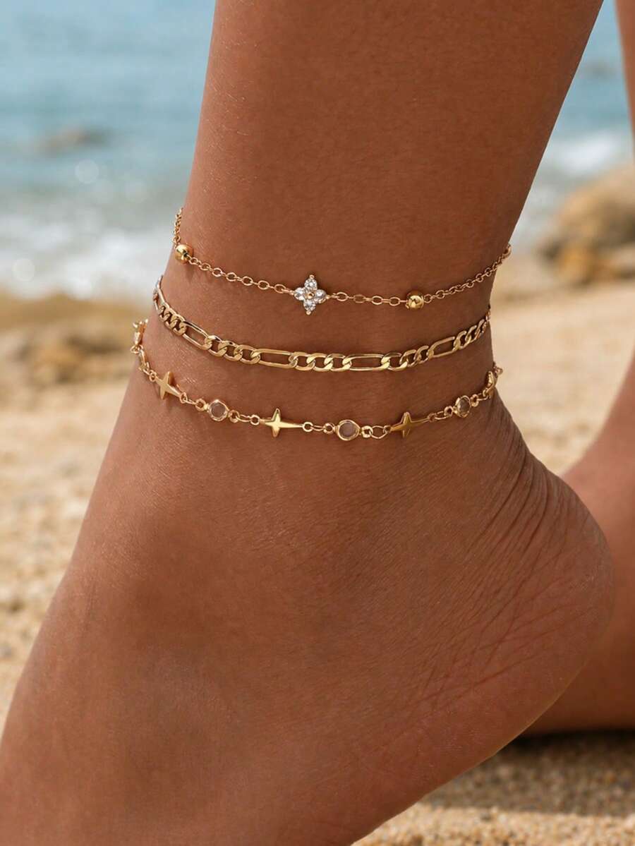Bộ 3 vòng chân nữ dây xích nhiều lớp màu vàng thiết kế độc đáo, phong cách bãi biển dạo phố, phù hợp đeo hàng ngày, quà tặng nhỏ cho bạn nữ - Vàng - Xem 1